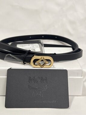NWT MCM Spanish Calf Leather Skinny Belt Diamond Buckle 24k Gold Plated Black